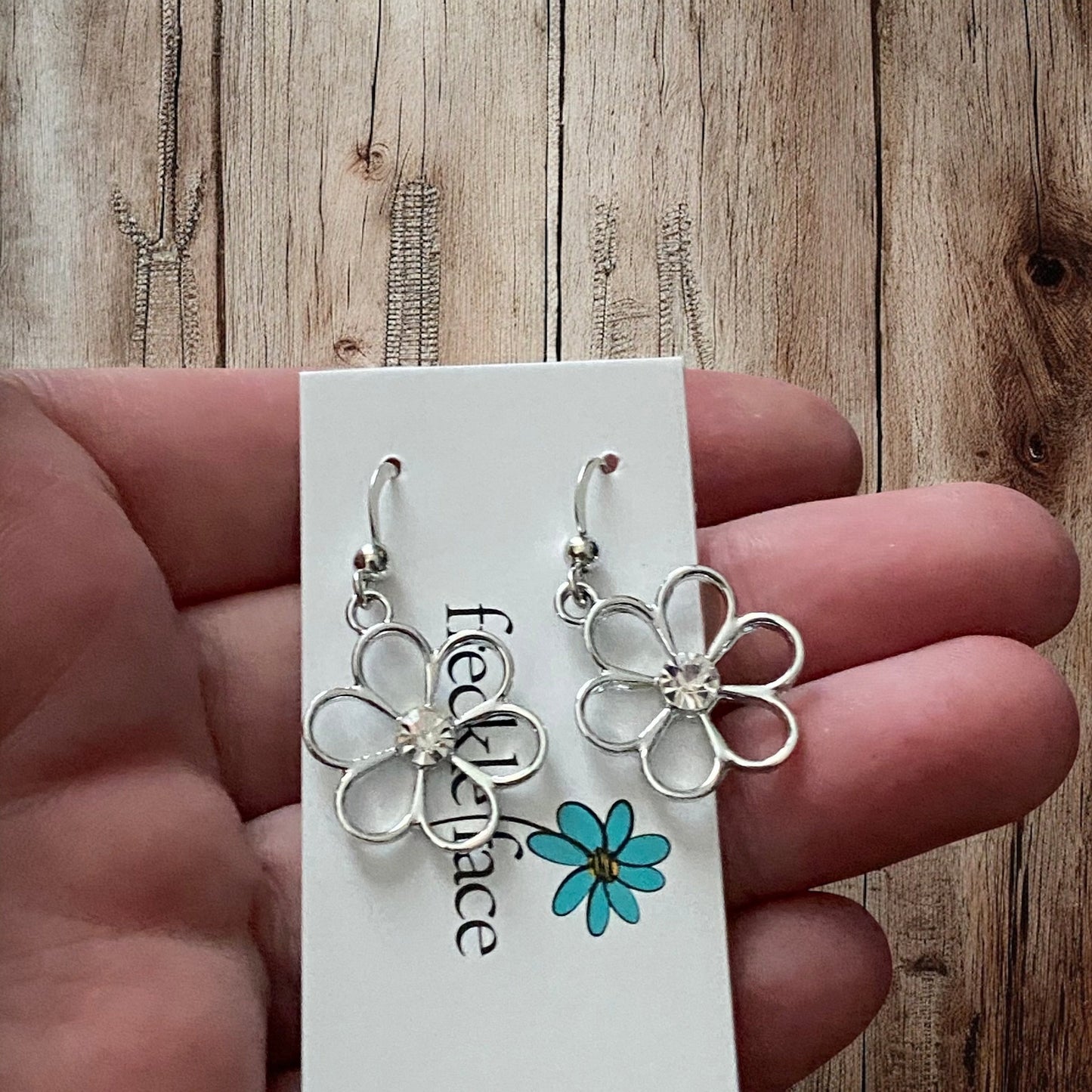 Cutie Patootie Flower Earrings – Silver Floral Dangles with Rhinestone Center - Velora Luxury Fashion