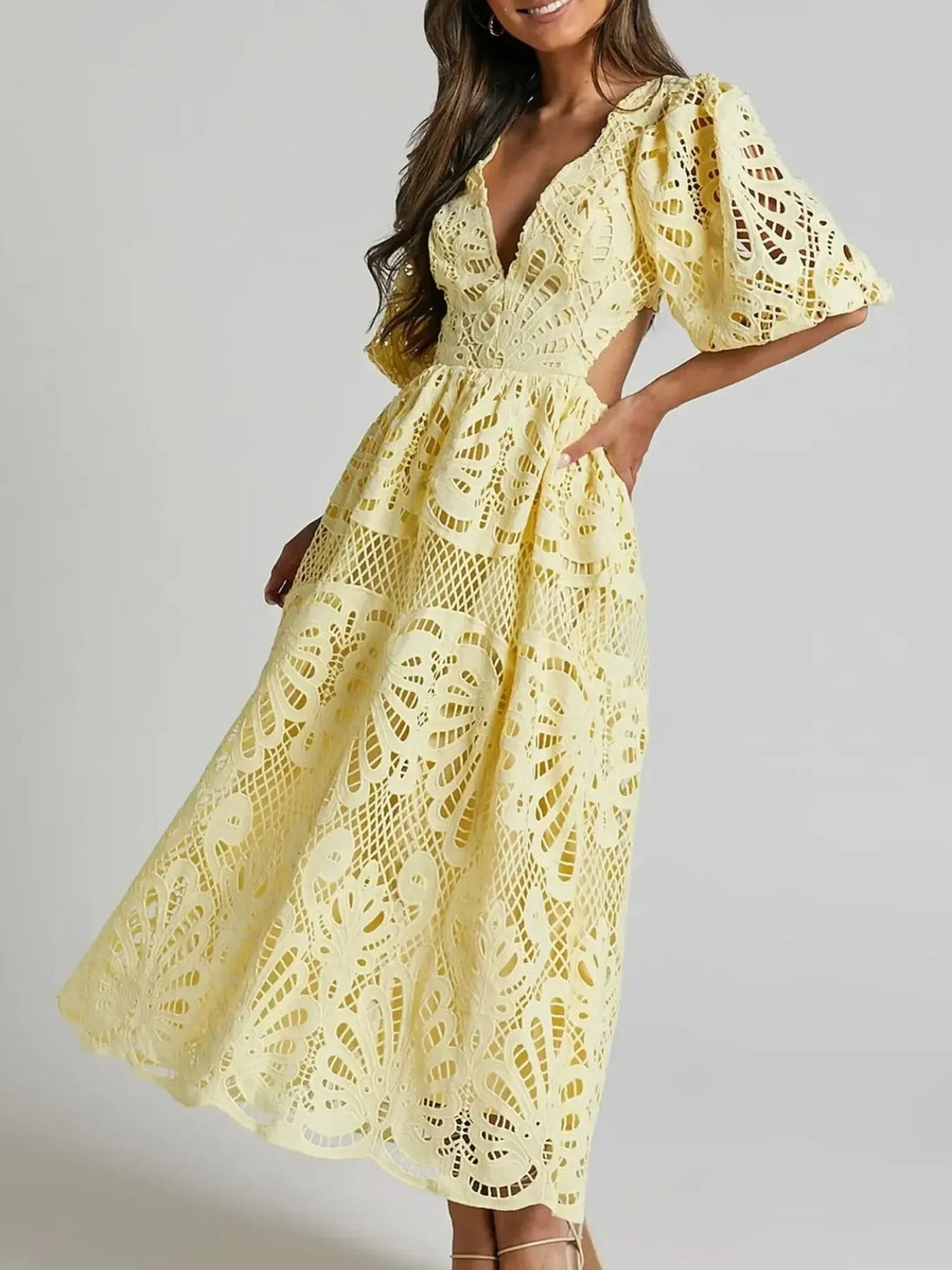 Cutout Back Lace Crochet V-Neck Dress - Velora Luxury Fashion