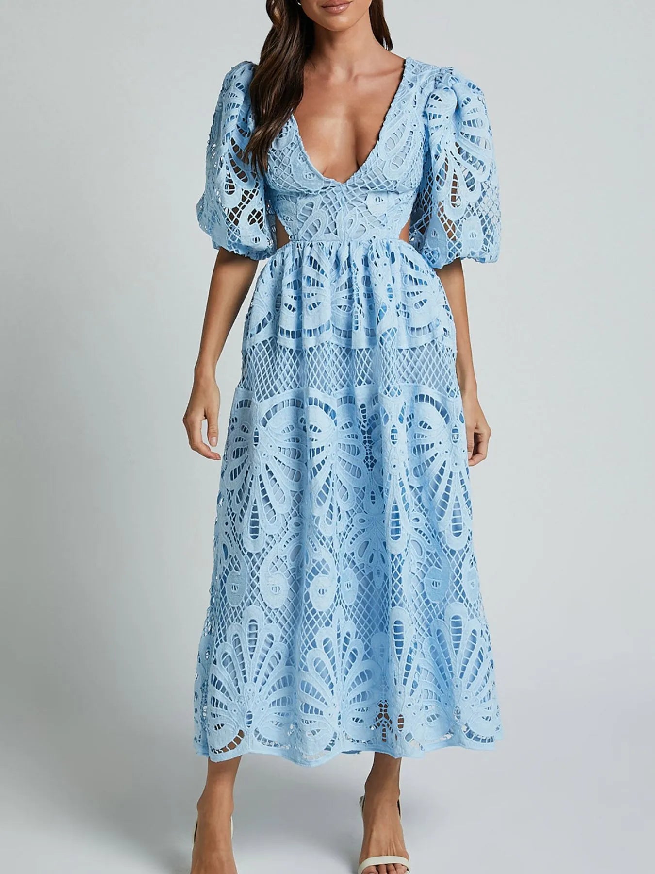 Cutout Back Lace Crochet V-Neck Dress - Velora Luxury Fashion