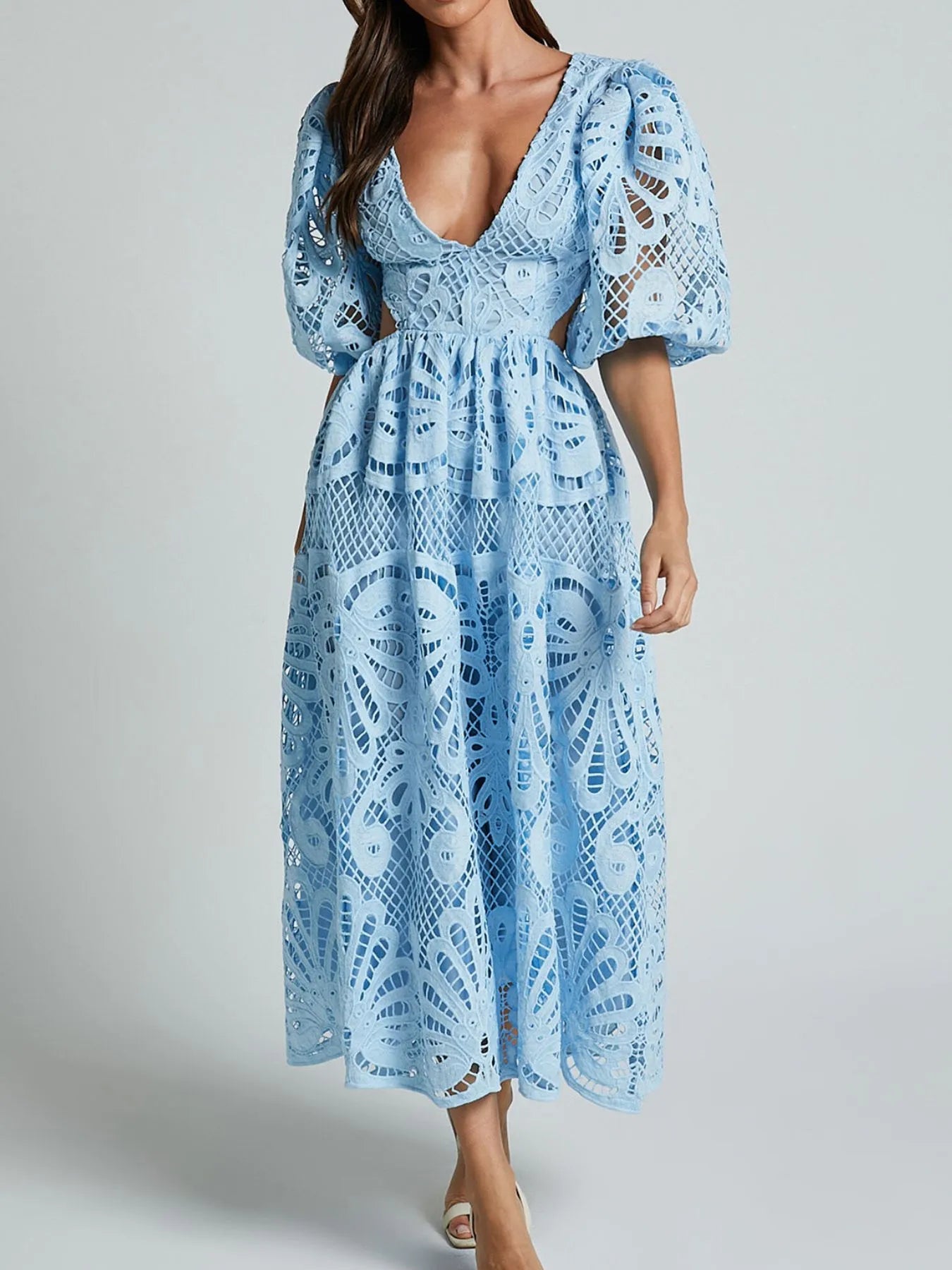 Cutout Back Lace Crochet V-Neck Dress - Velora Luxury Fashion