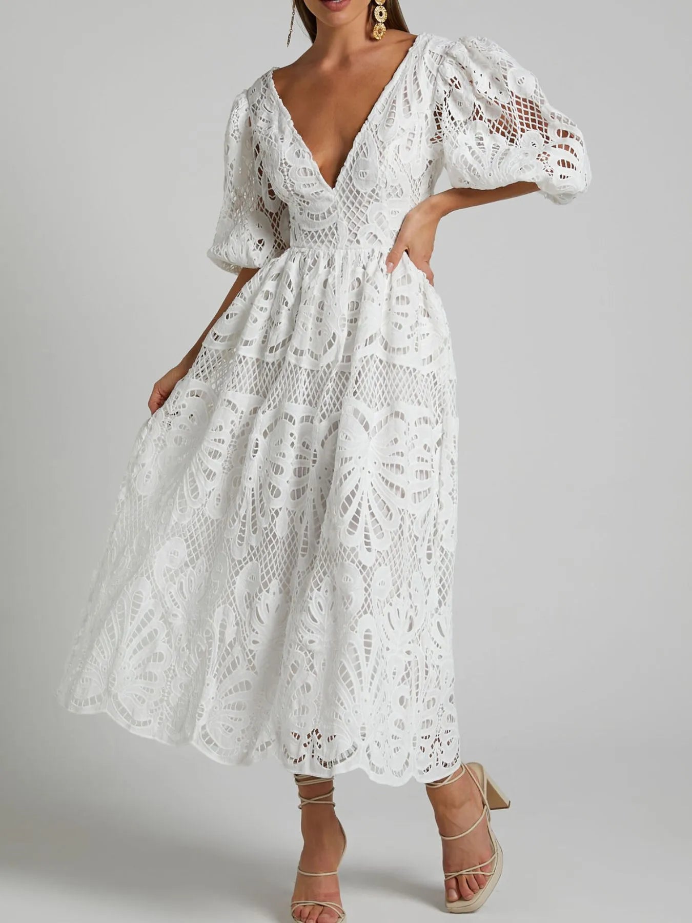 Cutout Back Lace Crochet V-Neck Dress - Velora Luxury Fashion