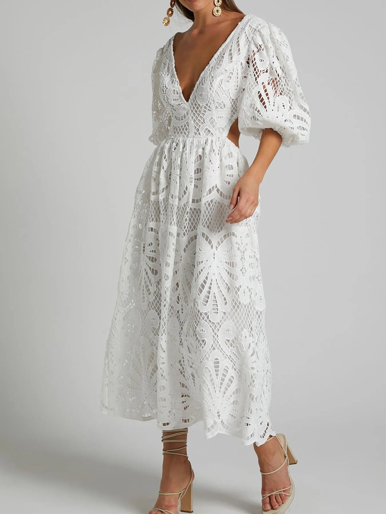 Cutout Back Lace Crochet V-Neck Dress - Velora Luxury Fashion