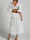 Cutout Back Lace Crochet V-Neck Dress - Velora Luxury Fashion