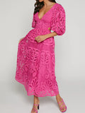 Cutout Back Lace Crochet V-Neck Dress - Velora Luxury Fashion