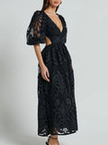 Cutout Back Lace Crochet V-Neck Dress - Velora Luxury Fashion