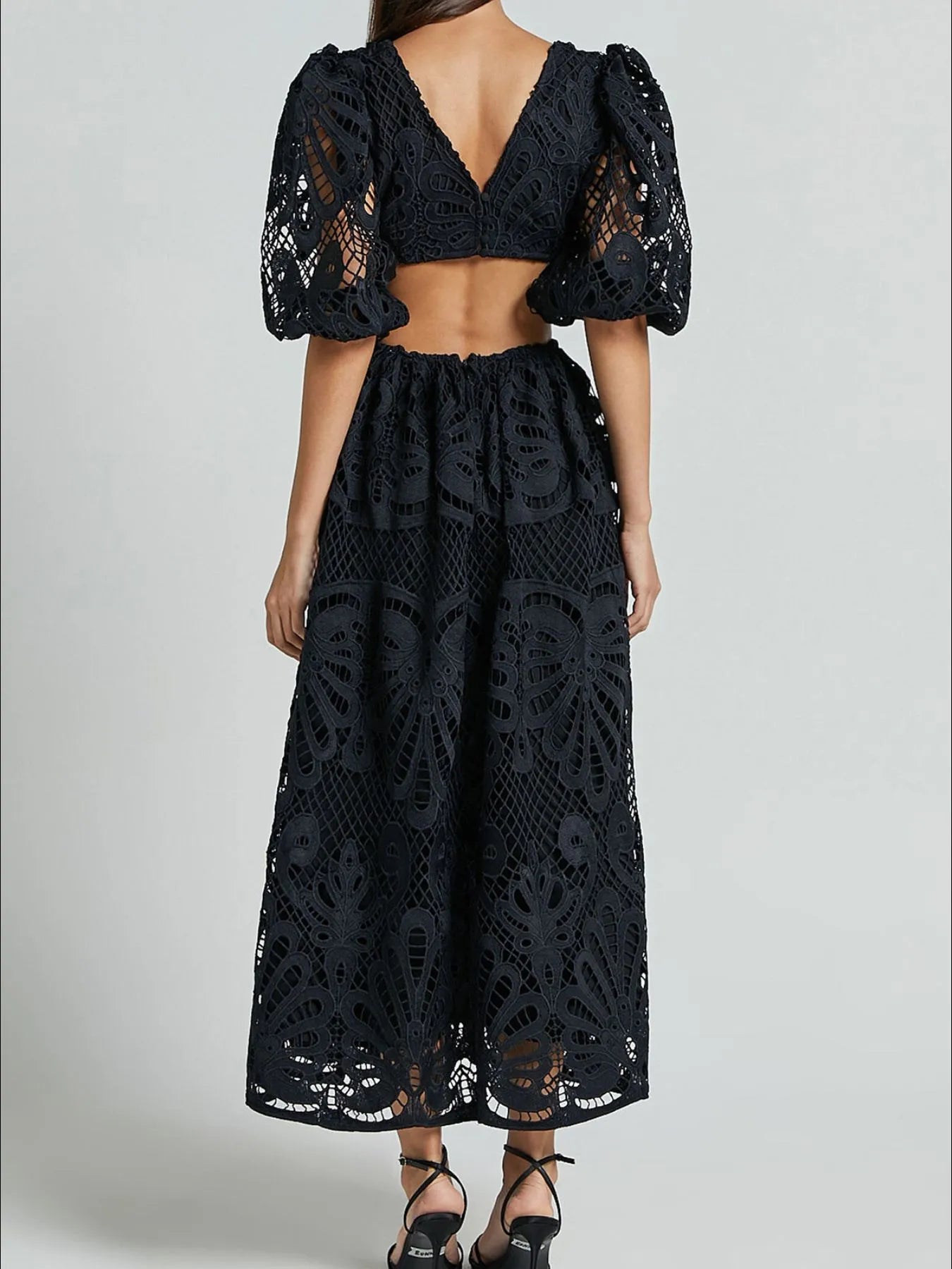 Cutout Back Lace Crochet V-Neck Dress - Velora Luxury Fashion