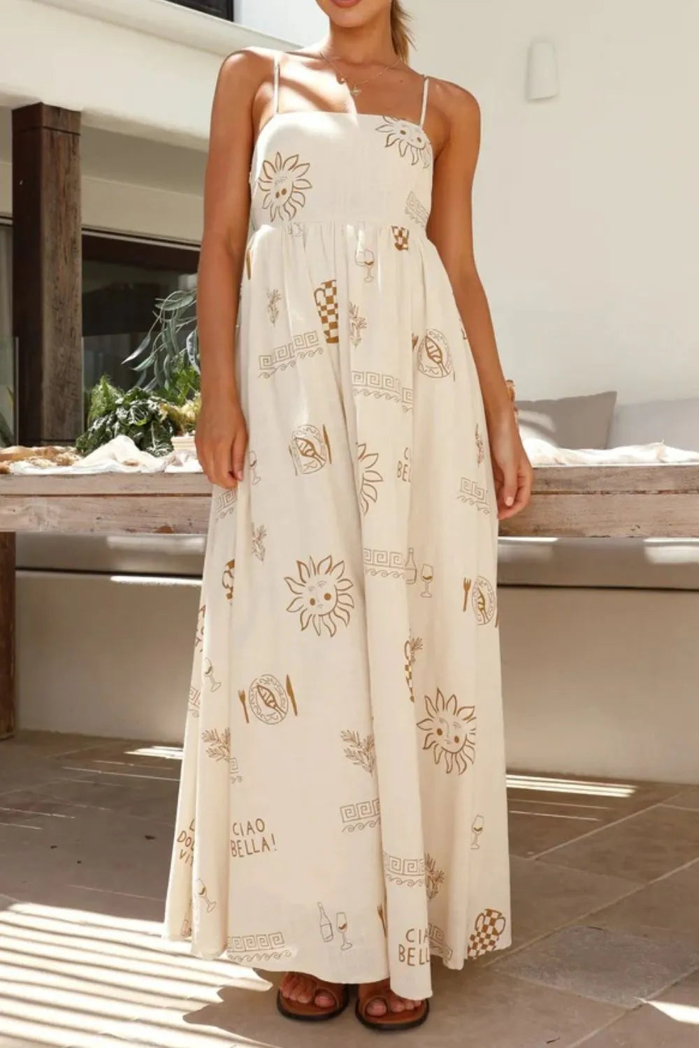 Cutout Back Printed Square Neck Maxi Cami Dress - Velora Luxury Fashion