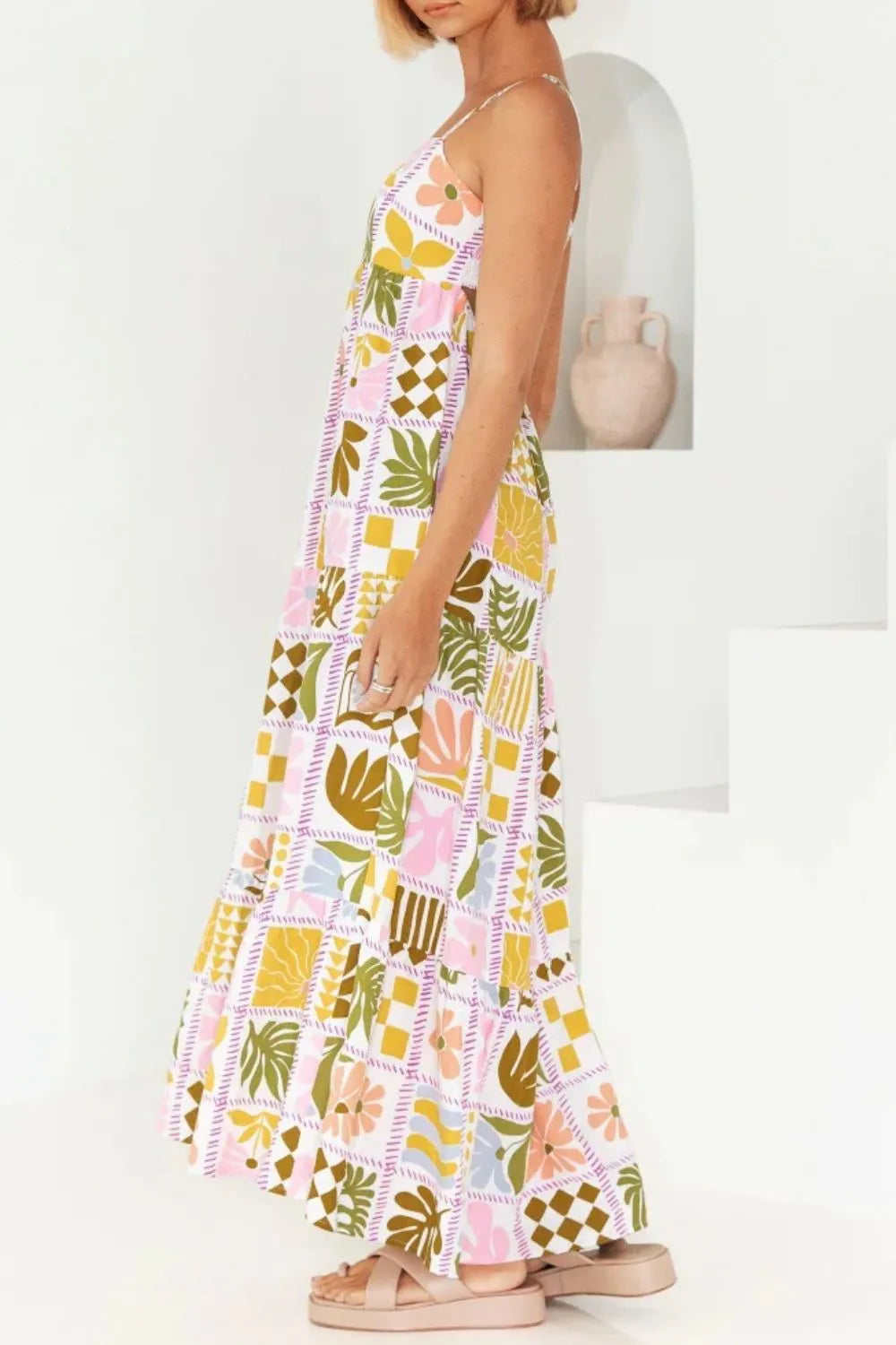 Cutout Back Printed Square Neck Maxi Cami Dress - Velora Luxury Fashion