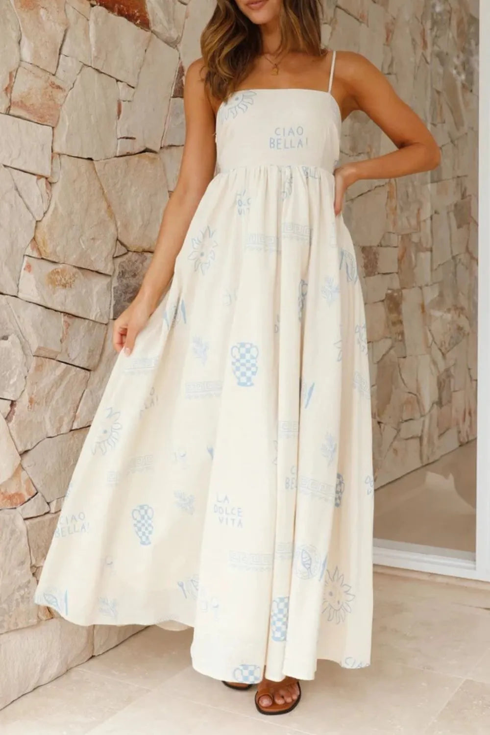 Cutout Back Printed Square Neck Maxi Cami Dress - Velora Luxury Fashion