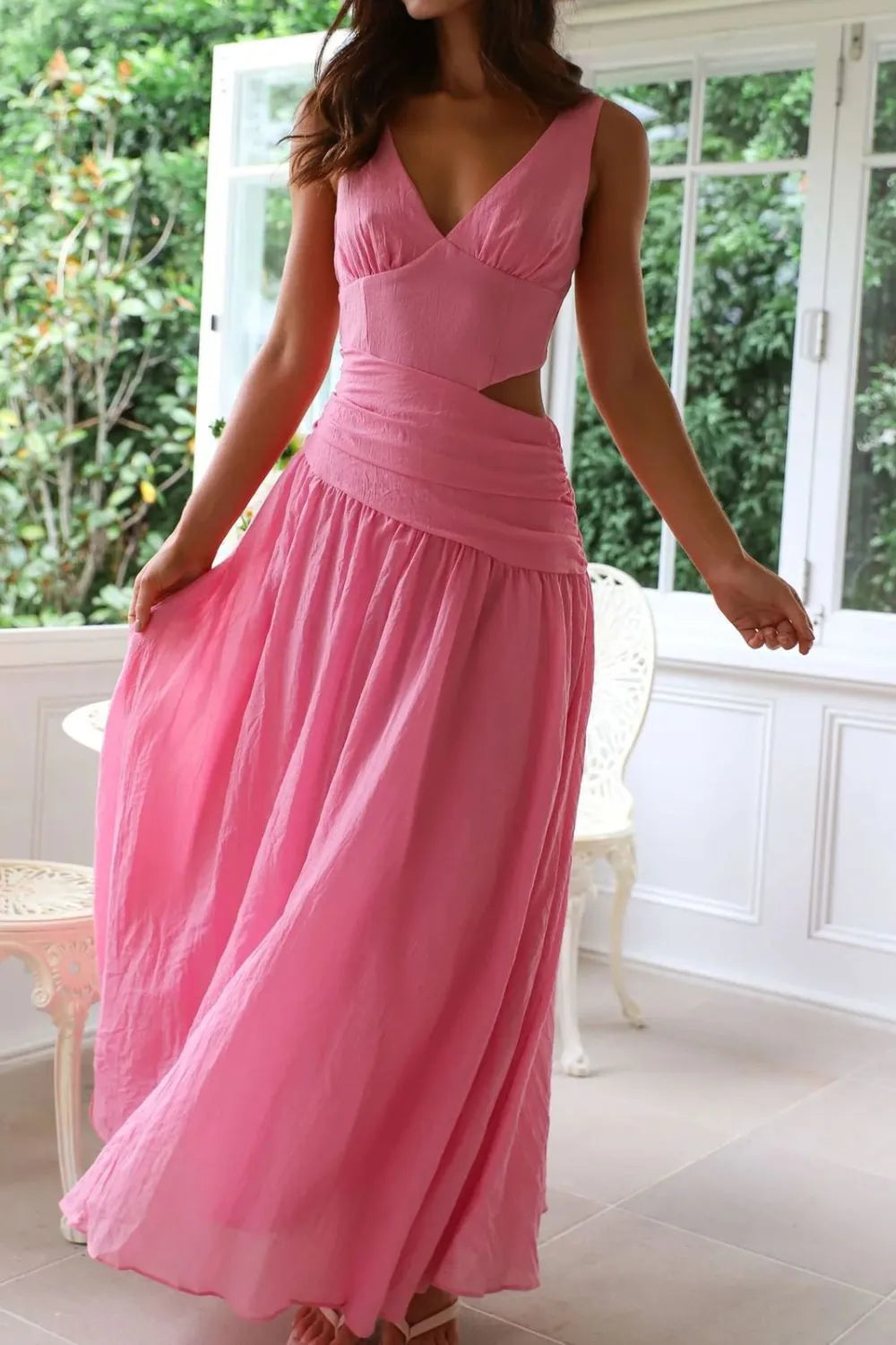 Cutout Back V-Neck Dress - Velora