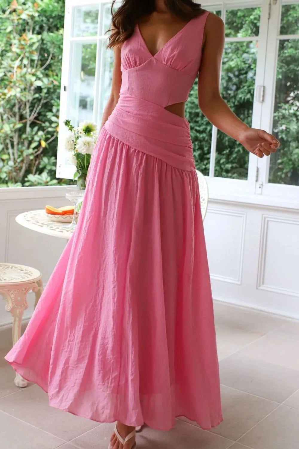 Cutout Back V-Neck Dress - Velora