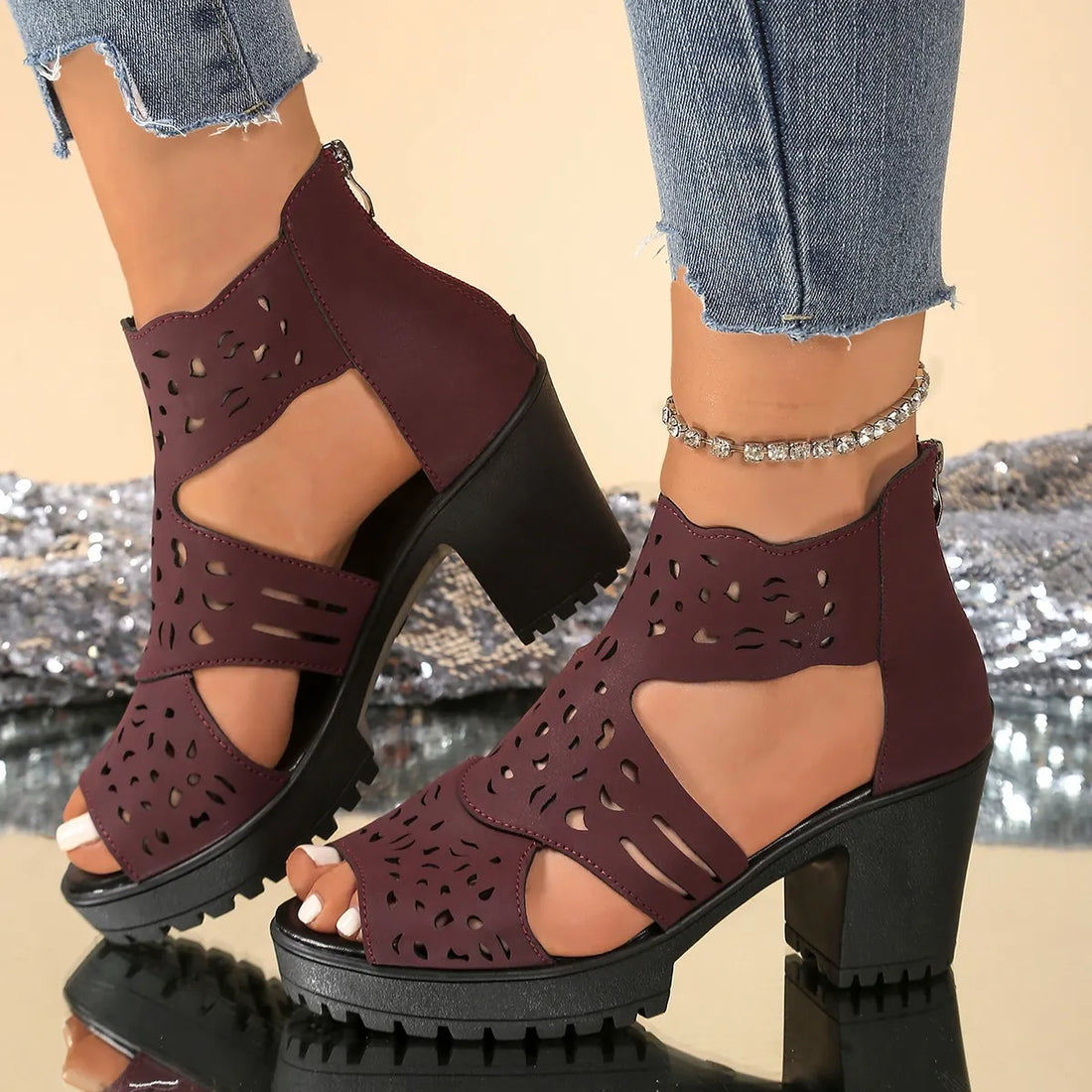 Cutout Block Heels Sandals - Velora Luxury Fashion