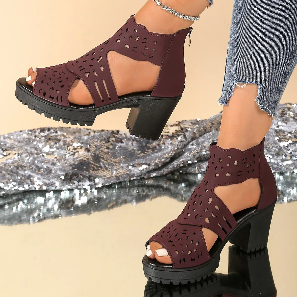 Cutout Block Heels Sandals - Velora Luxury Fashion