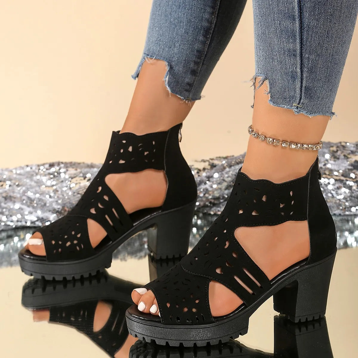 Cutout Block Heels Sandals - Velora Luxury Fashion