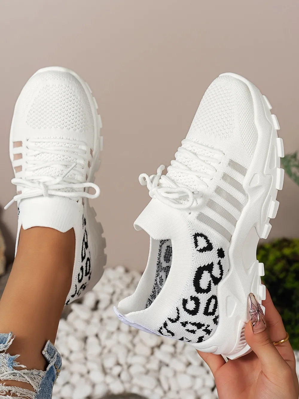 Cutout Leopard Lace Up Mesh Athletic - Velora Luxury Fashion