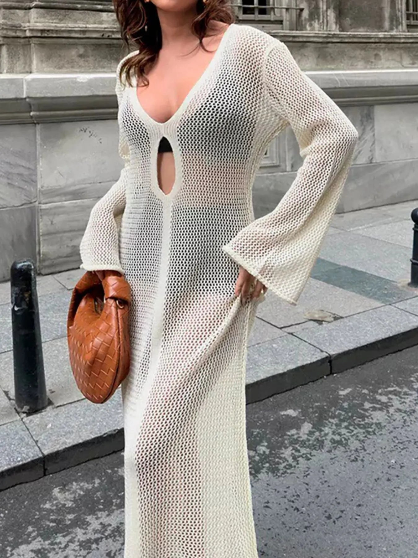 Cutout Long Sleeve Knit Cover-Up Maxi Dress - Velora Luxury Fashion