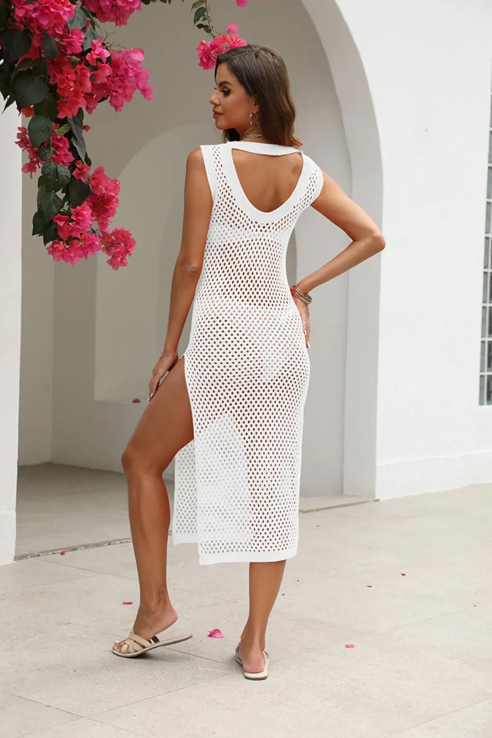 Cutout Openwork Round Neck Sleeveless Cover-Up - Velora Luxury Fashion