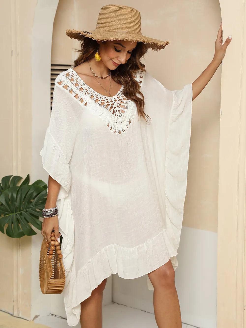 Cutout Ruffled Half Sleeve Cover-Up - Velora Luxury Fashion