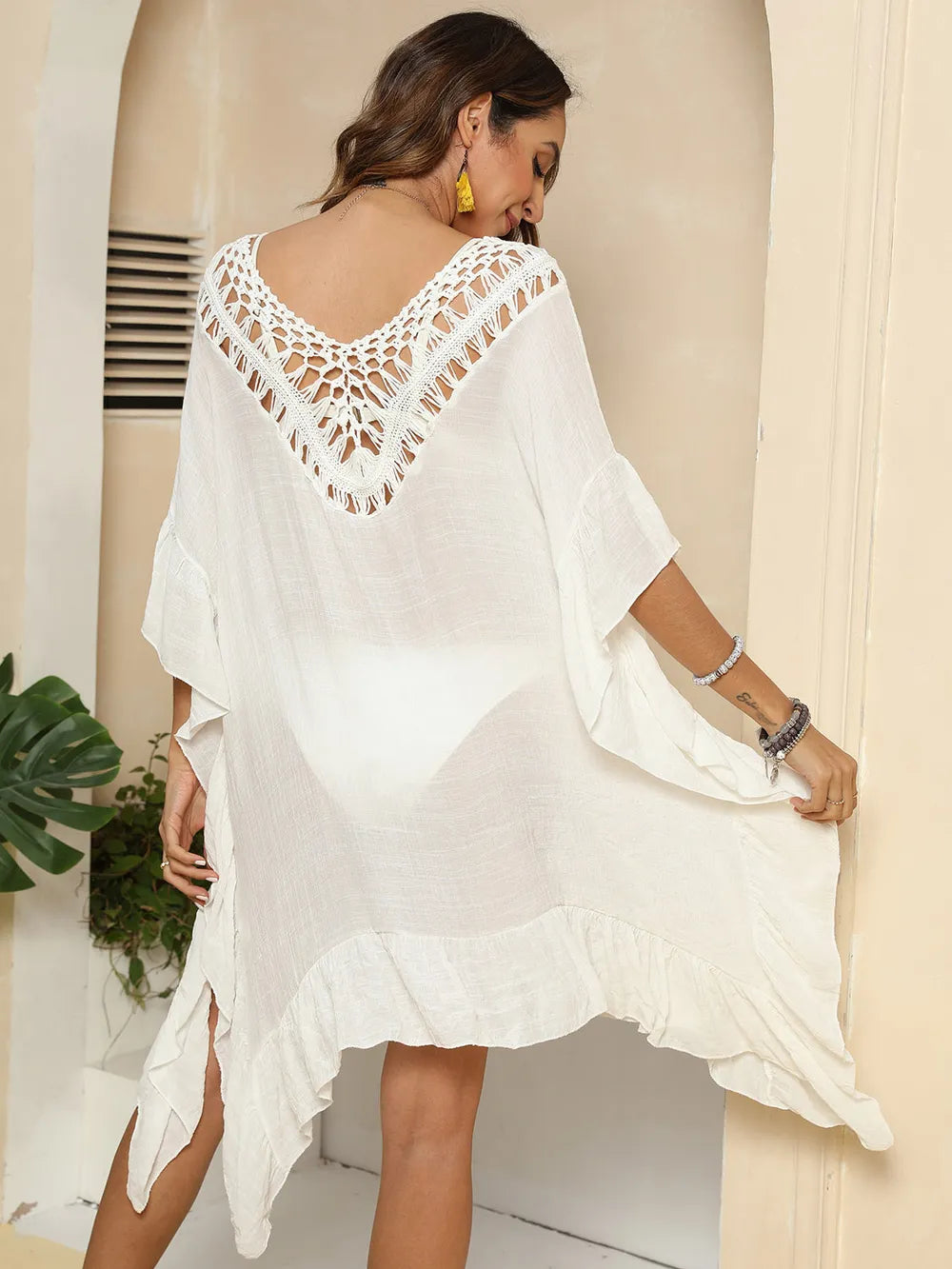Cutout Ruffled Half Sleeve Cover-Up - Velora Luxury Fashion