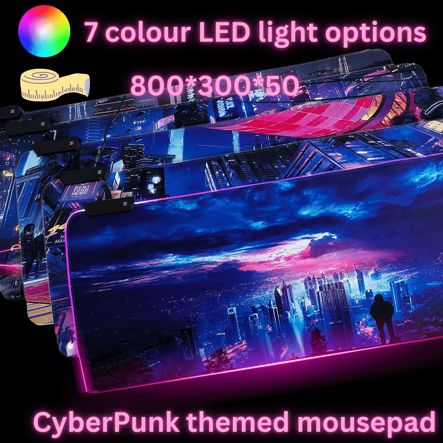 Cyberpunk Night City Dystopian DS3 LED Mouse Mat Mouse Pad 7 led lights smooth surface - Velora Luxury Fashion