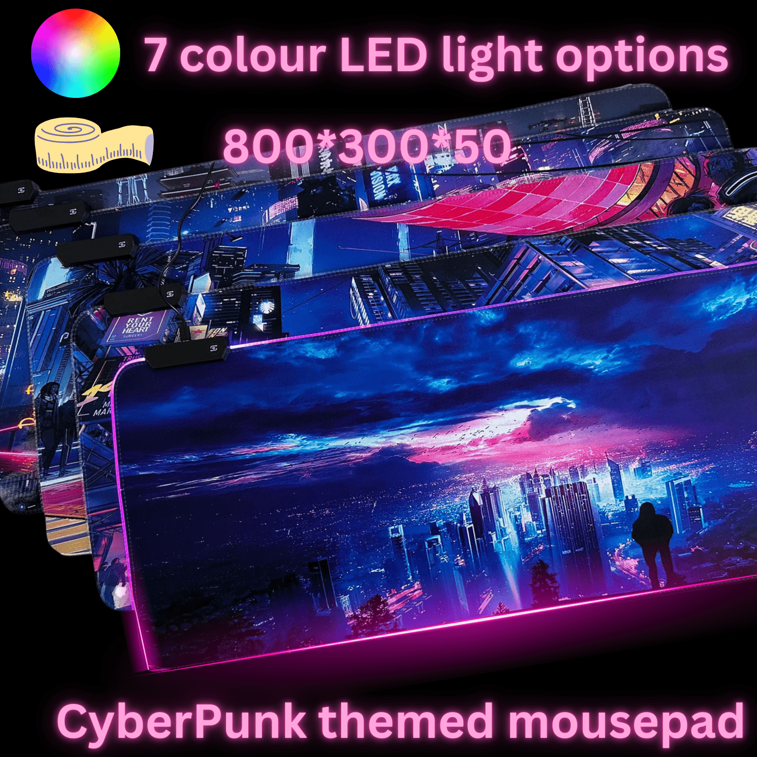 Cyberpunk Night City Dystopian LED Mouse Mat Mouse Pad 7 led lights smooth surface - Velora Luxury Fashion