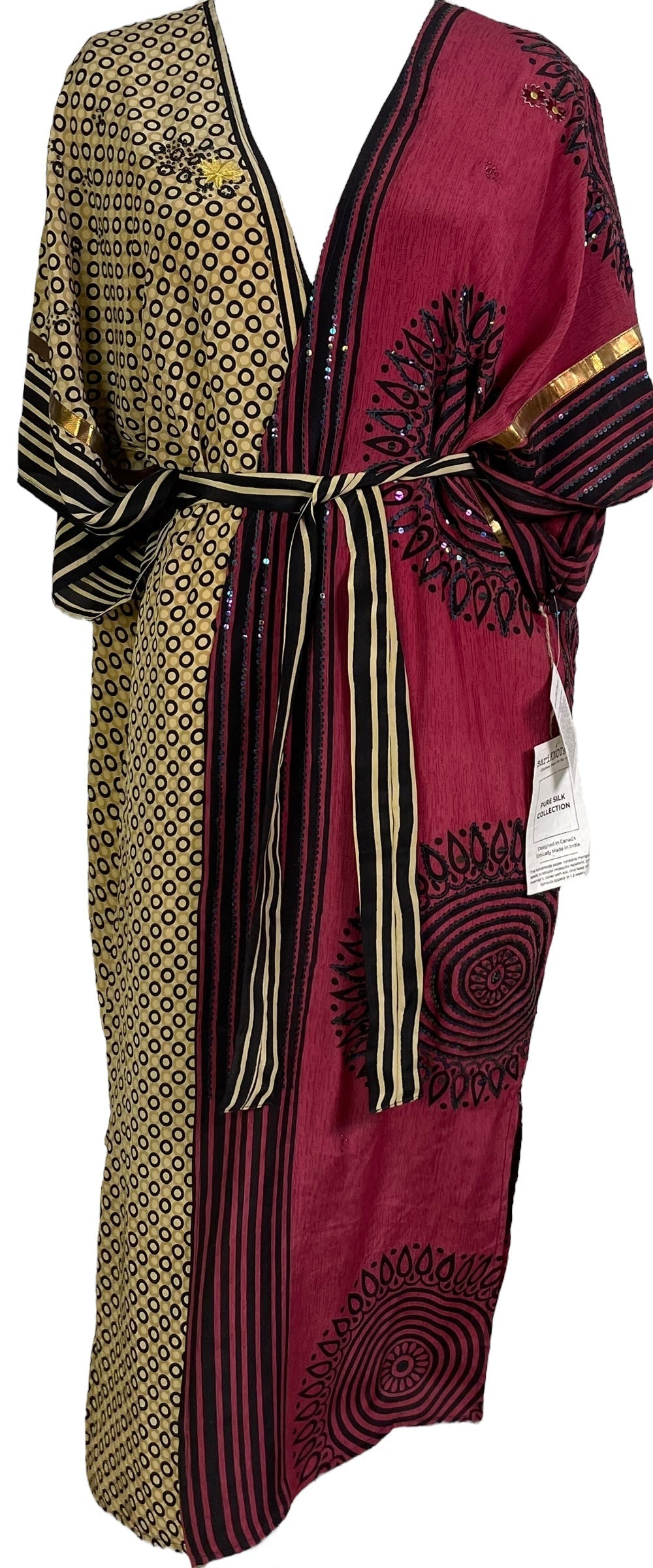 PRC6759 Avatar Long Pure Silk Kimono Sleeved Duster with Belt - Velora