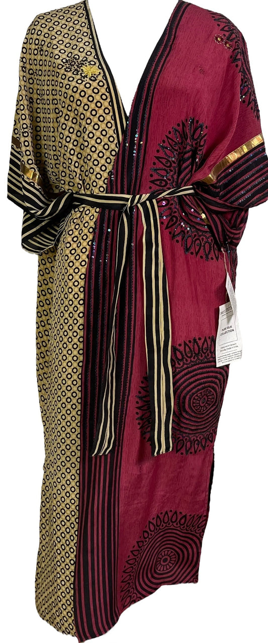 PRC6759 Avatar Long Pure Silk Kimono Sleeved Duster with Belt - Velora