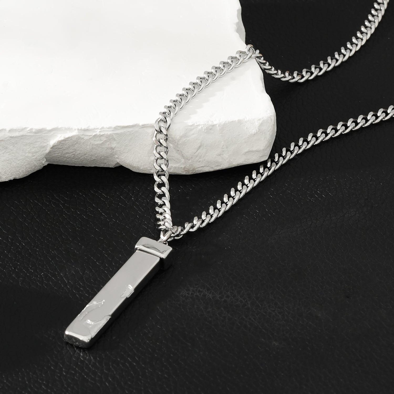 DAKARIA SILVER (White Gold): Chipped Effect Geometric Pendant on a Link Chain For Men & Women - Velora Luxury Fashion
