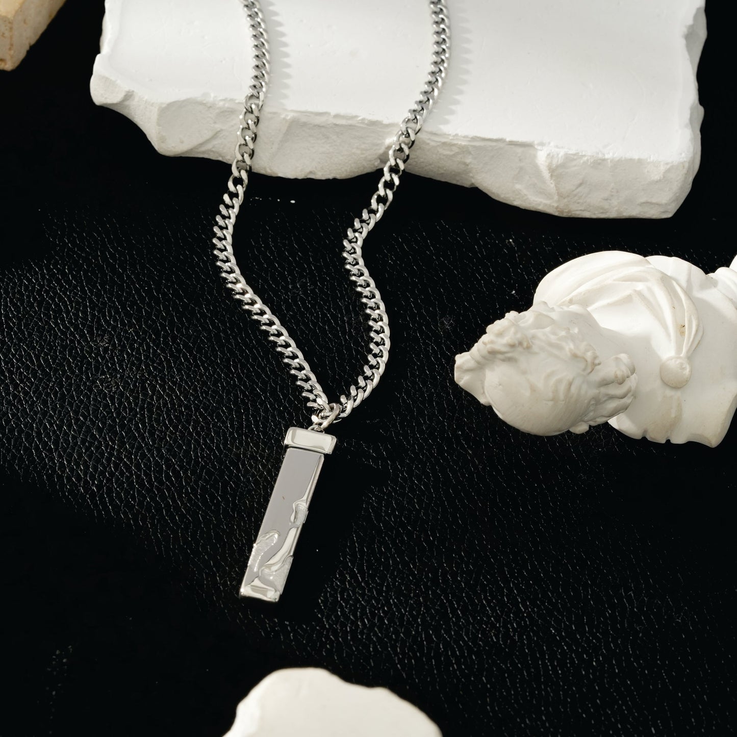 DAKARIA SILVER (White Gold): Chipped Effect Geometric Pendant on a Link Chain For Men & Women - Velora Luxury Fashion