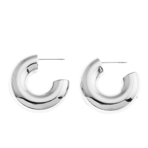 DEMONTE: Hollow Chunky-Look Smooth Surface Tube Hoop Earrings in Silver Toned White Gold - Velora Luxury Fashion
