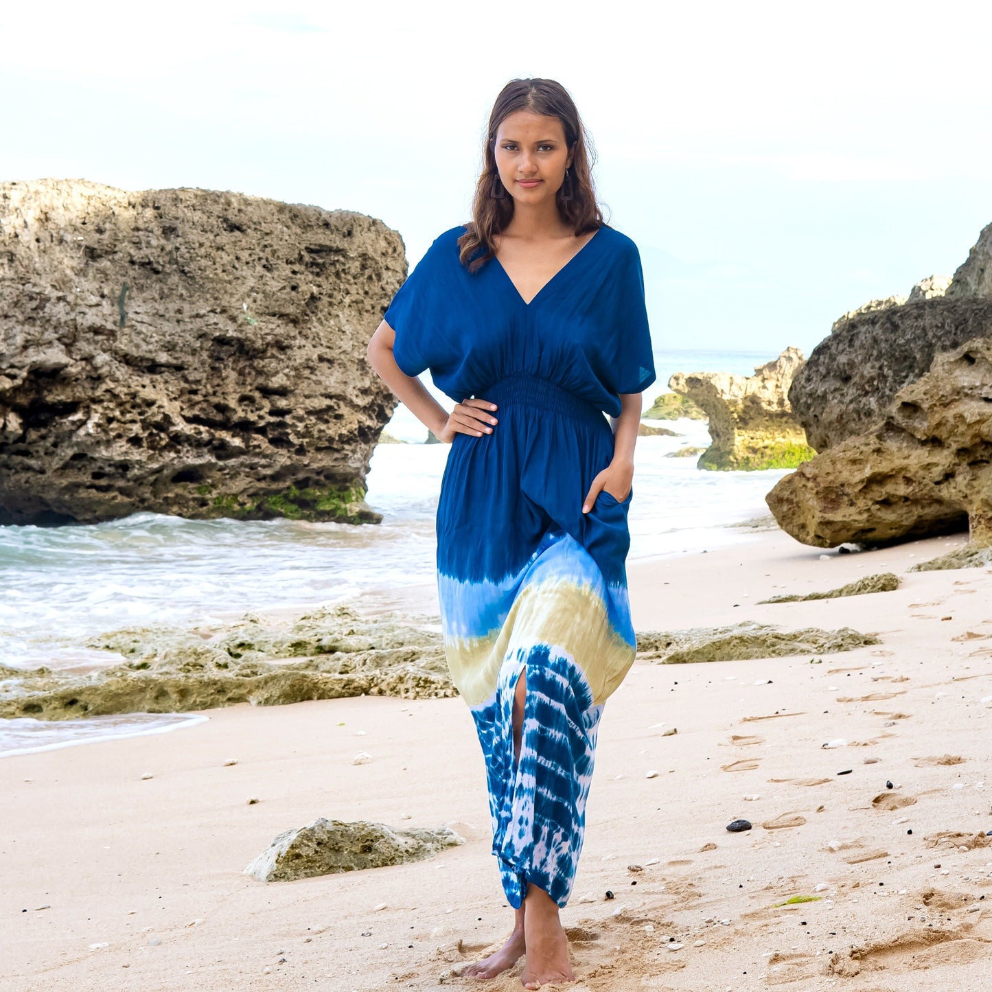 Beach Stripe & Tie Dye Maxi Dress In Navy