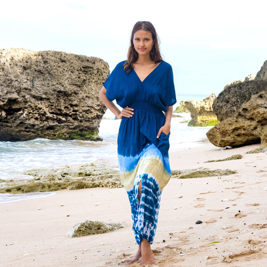 Beach Stripe & Tie Dye Maxi Dress In Navy