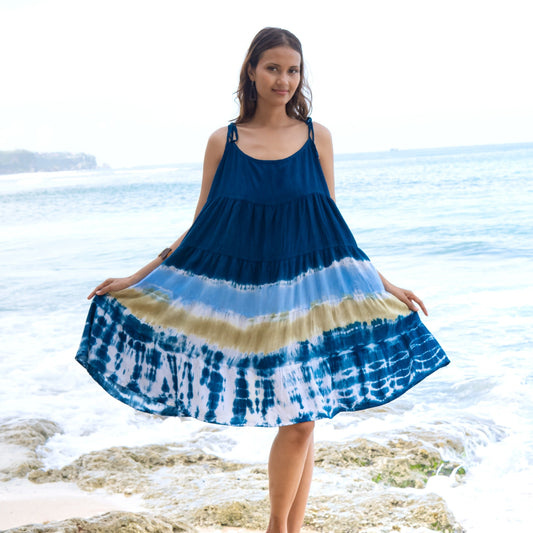 Beach Stripe & Tie Dye Short Tiered Dress In Navy
