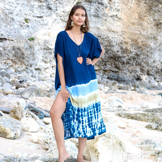 Beach Stripe & Tie Dye Kaftan In Blue