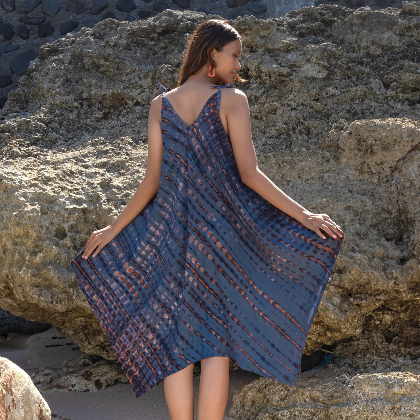 Handkerchief Dress In Denim & Gold Tie Dye