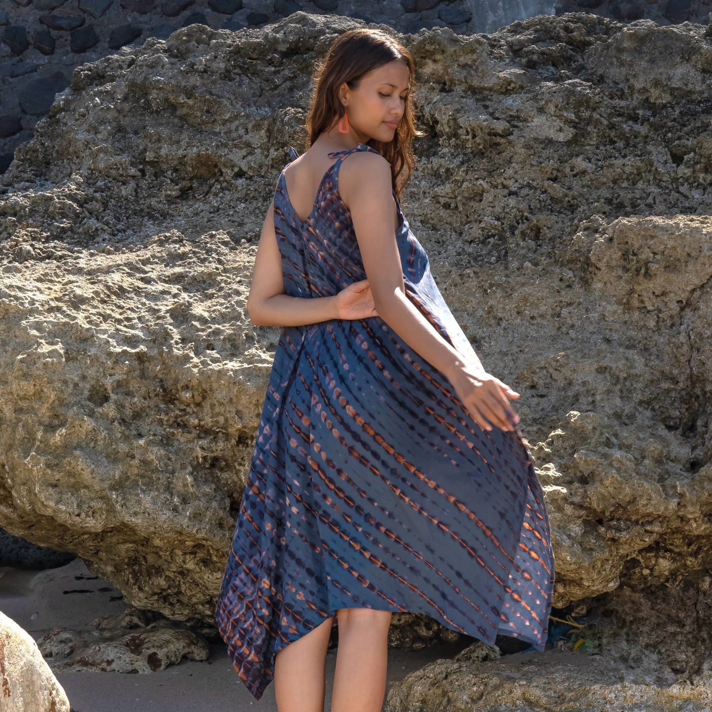 Handkerchief Dress In Denim & Gold Tie Dye