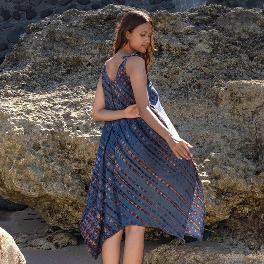 Handkerchief Dress In Denim & Gold Tie Dye