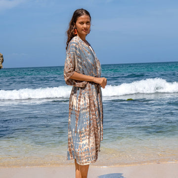 Long Kimono In Tan & Grey Tie Dye