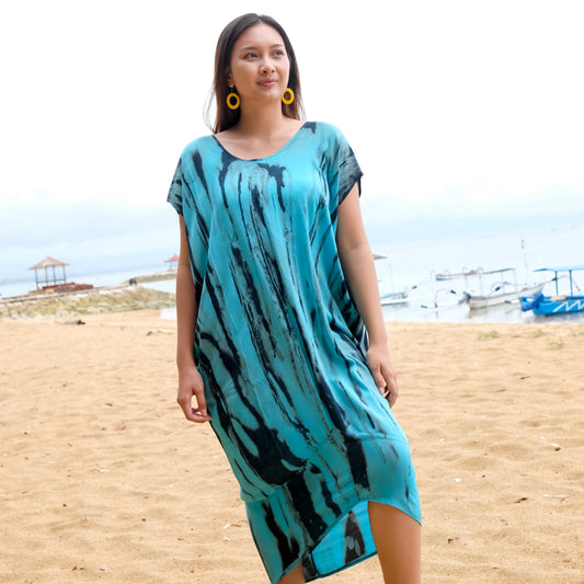 Abstract Tie Dye Design Kaftan Dress - Blue & Grey