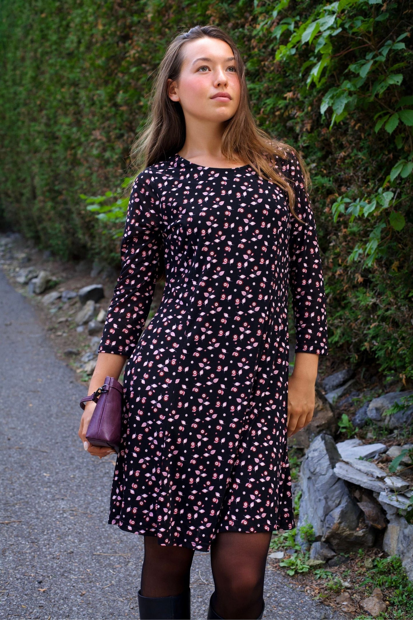 Daisie Black Fit & Flare Mesh Dress Pink Floral Print - Velora Luxury Fashion