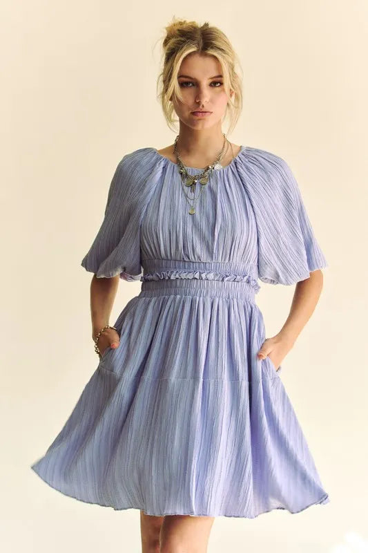 Davi & Dani Back Button Puff Sleeve Mini Dress - Velora Luxury Fashion