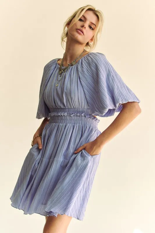 Davi & Dani Back Button Puff Sleeve Mini Dress - Velora Luxury Fashion