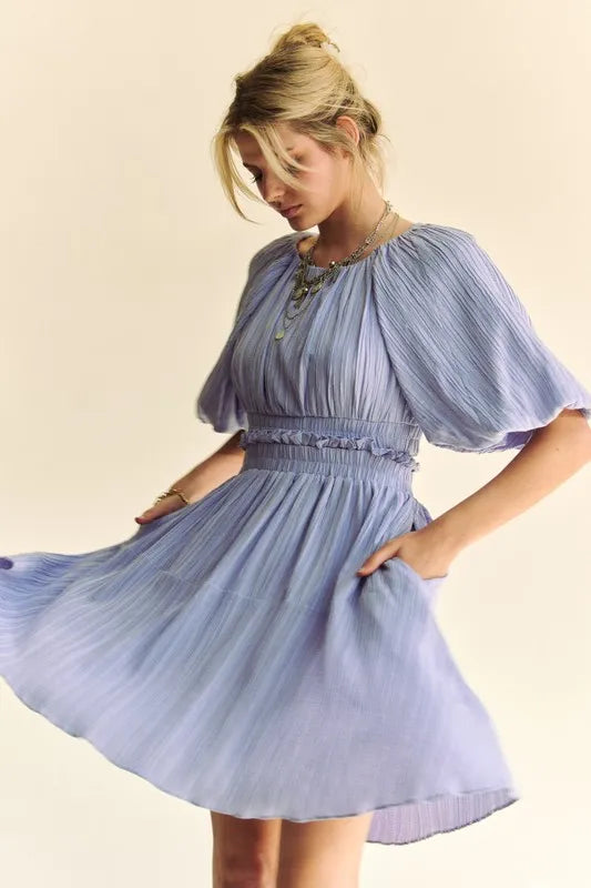 Davi & Dani Back Button Puff Sleeve Mini Dress - Velora Luxury Fashion