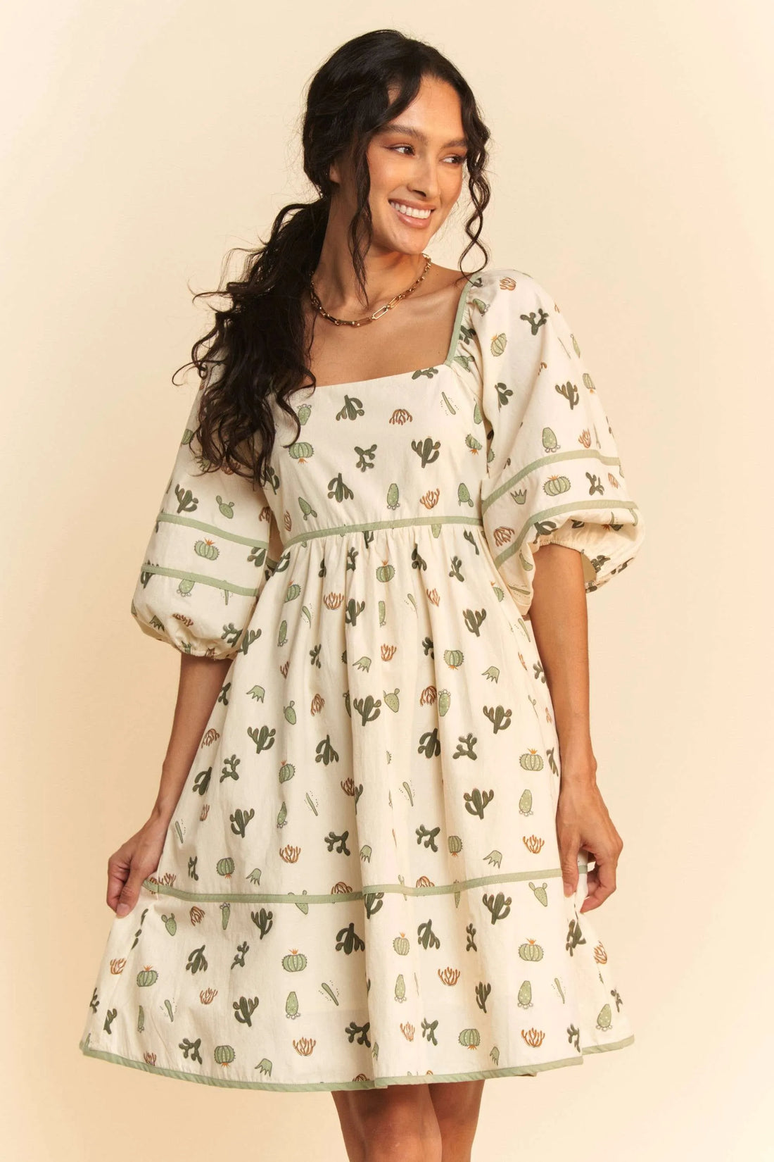 Davi & Dani Cactus Printed Poplin Contrast Piping Mini Dress - Velora Luxury Fashion