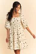 Davi & Dani Cactus Printed Poplin Contrast Piping Mini Dress - Velora Luxury Fashion