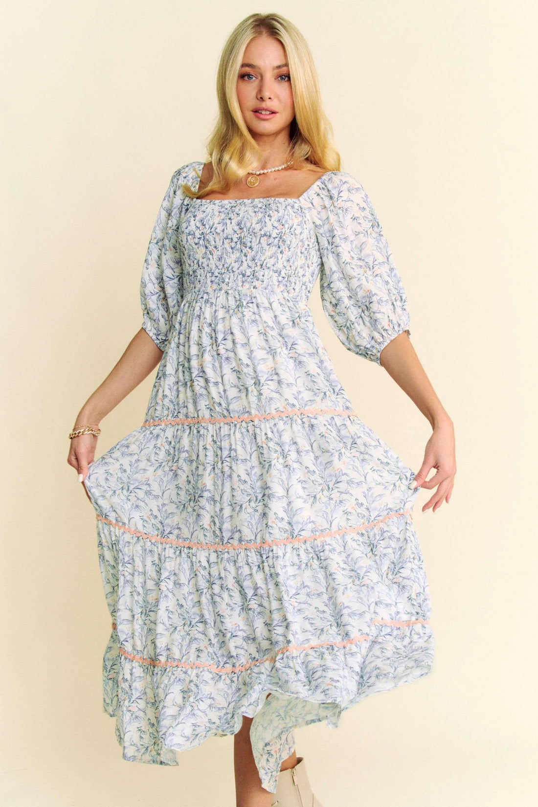 Davi & Dani Contrast Ric Smocking Bodice Tiered Midi Dress - Velora Luxury Fashion