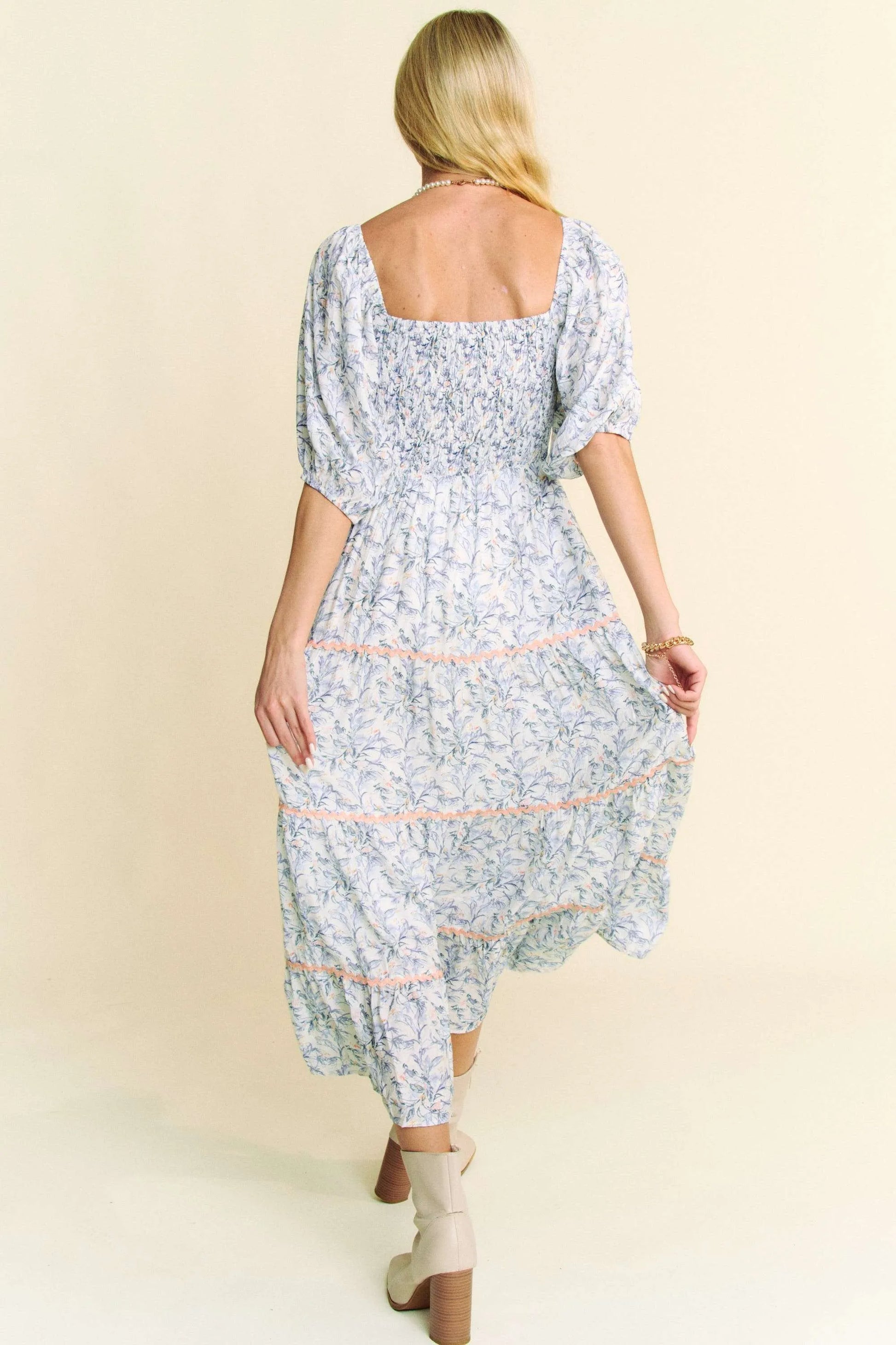 Davi & Dani Contrast Ric Smocking Bodice Tiered Midi Dress - Velora Luxury Fashion