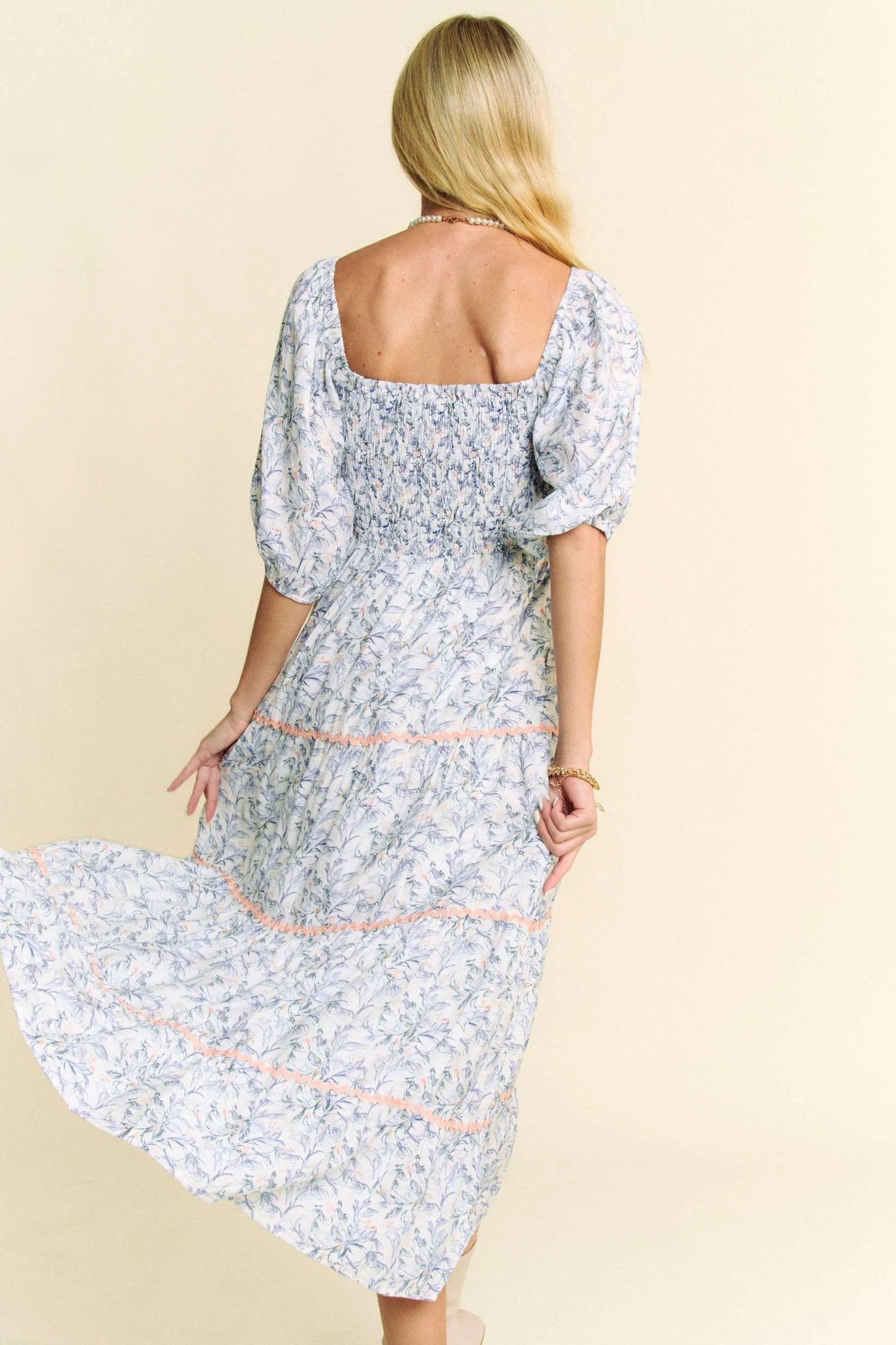 Davi & Dani Contrast Ric Smocking Bodice Tiered Midi Dress - Velora Luxury Fashion