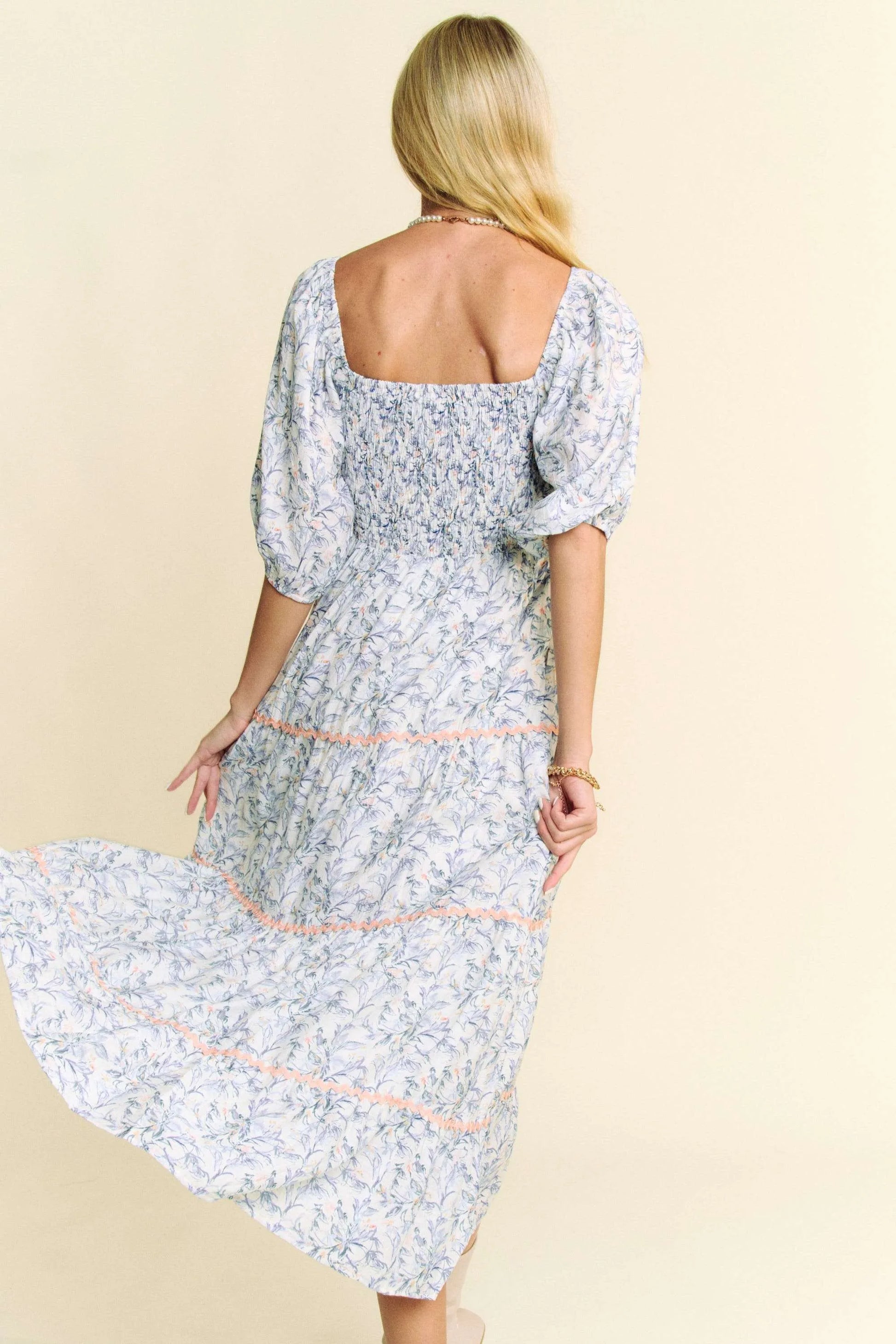 Davi & Dani Contrast Ric Smocking Bodice Tiered Midi Dress - Velora Luxury Fashion