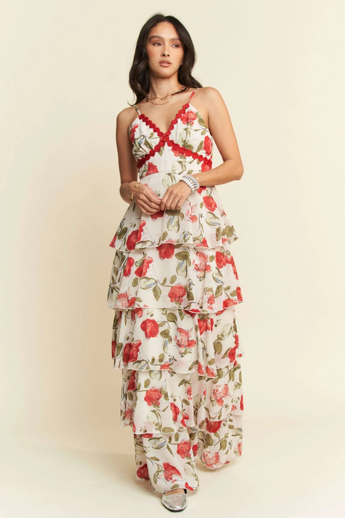 Davi & Dani Contrast Ring Lace Layered Ruffle Maxi Cami Dress - Velora Luxury Fashion
